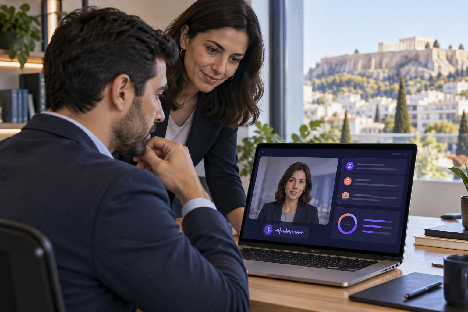 A Greek professional practising a realistic workplace conversation with an AI role-play partner