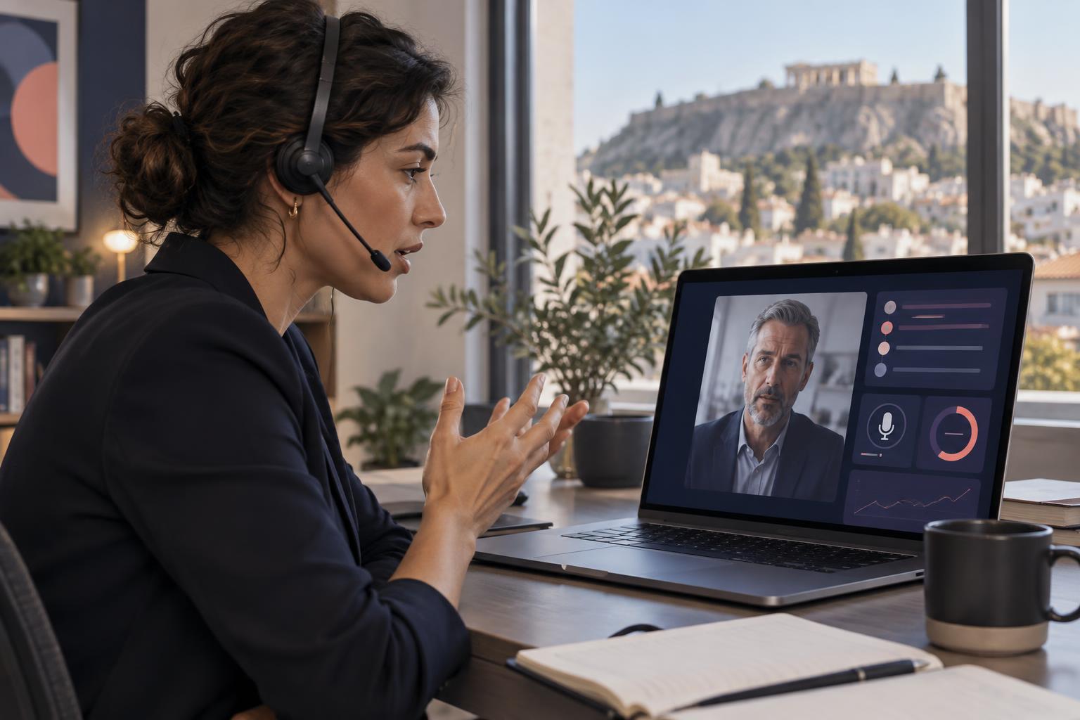 A Greek professional practising a management conversation with an AI role-play partner