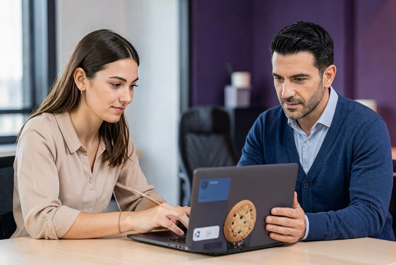 Greek colleagues reviewing cookie choices on a laptop