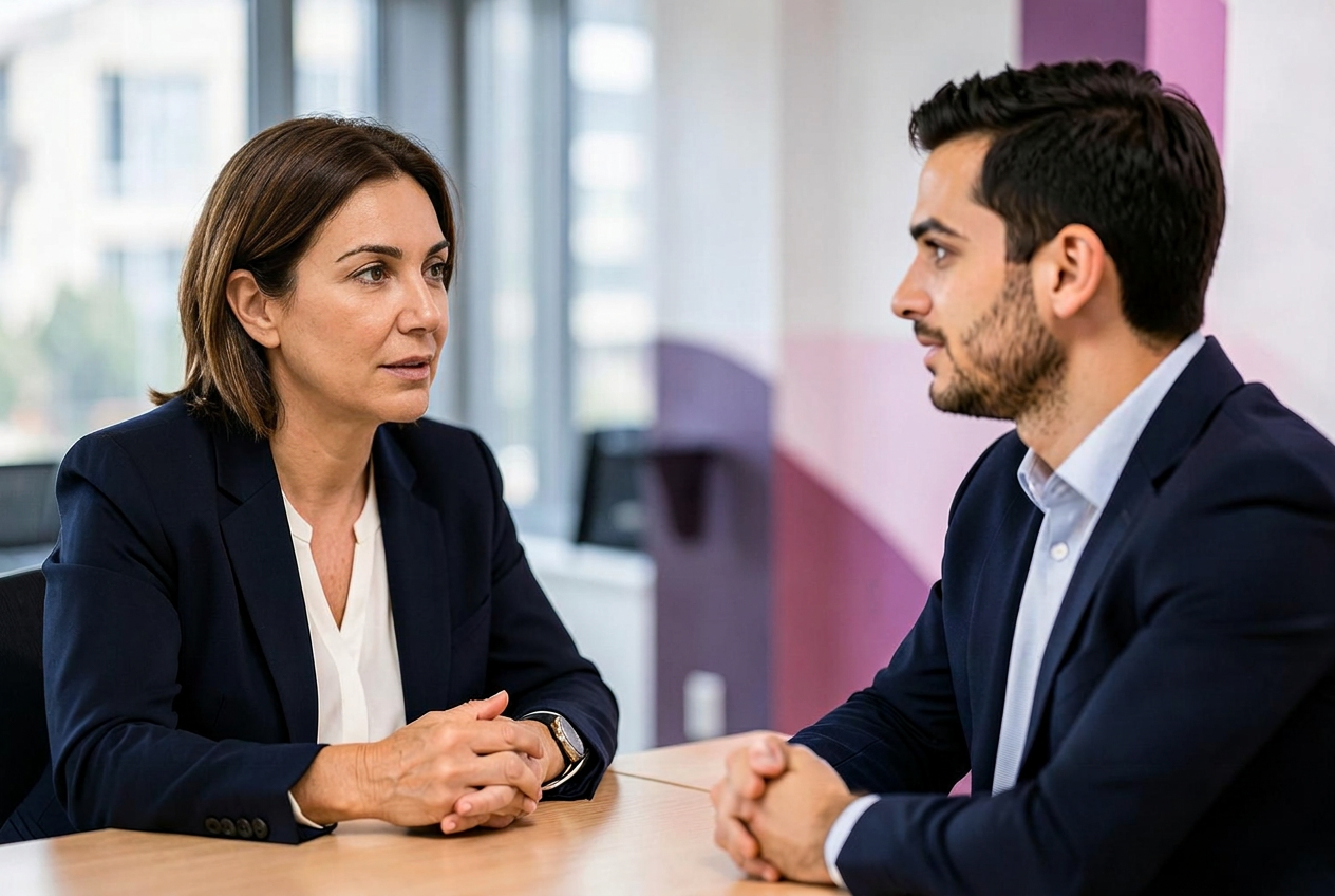 A Greek woman manager listening attentively to a younger male colleague