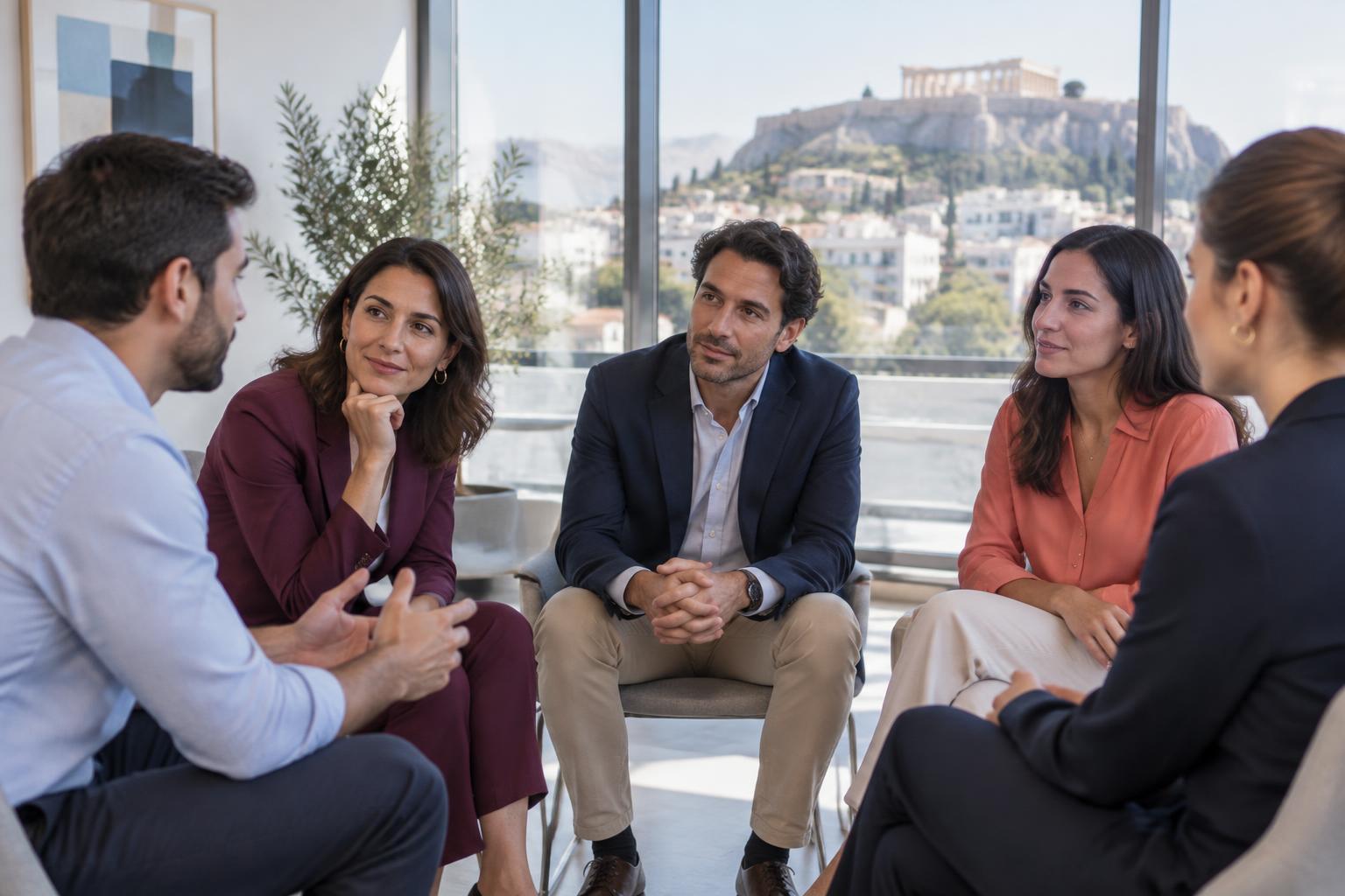 A multigenerational Greek team practising active listening around a meeting table