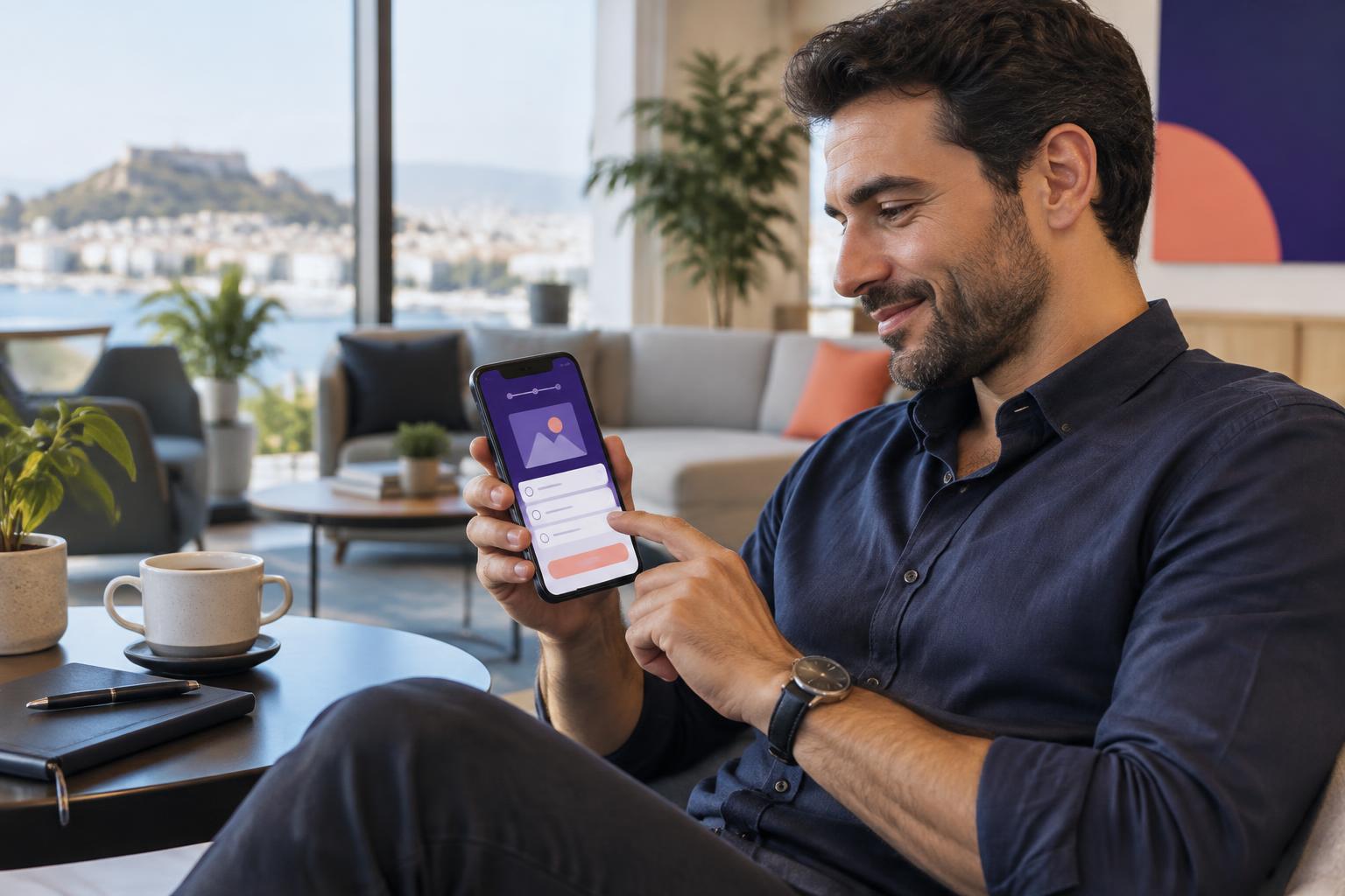 A Greek professional completing a short microlearning activity on a mobile phone