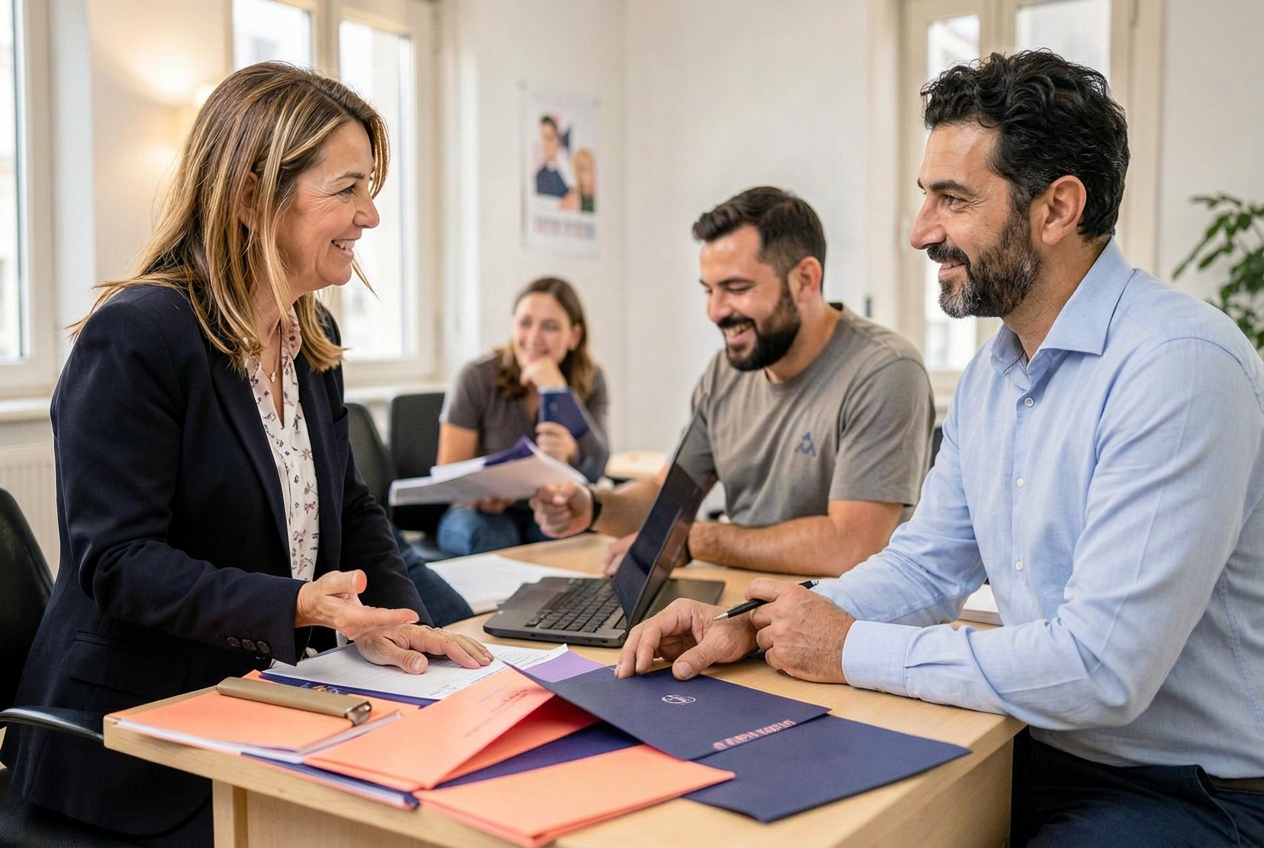 A Greek manager and experienced colleague welcoming a new employee