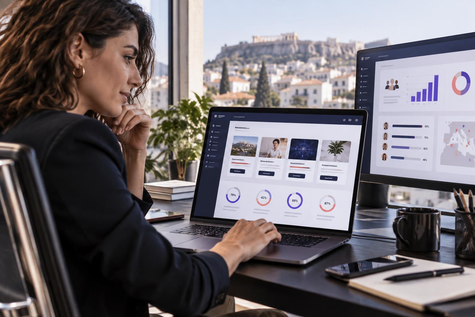 A Greek L&D manager reviewing courses, learner progress and analytics in an LMS