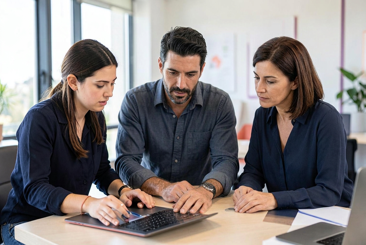 Greek colleagues learning a new workflow together