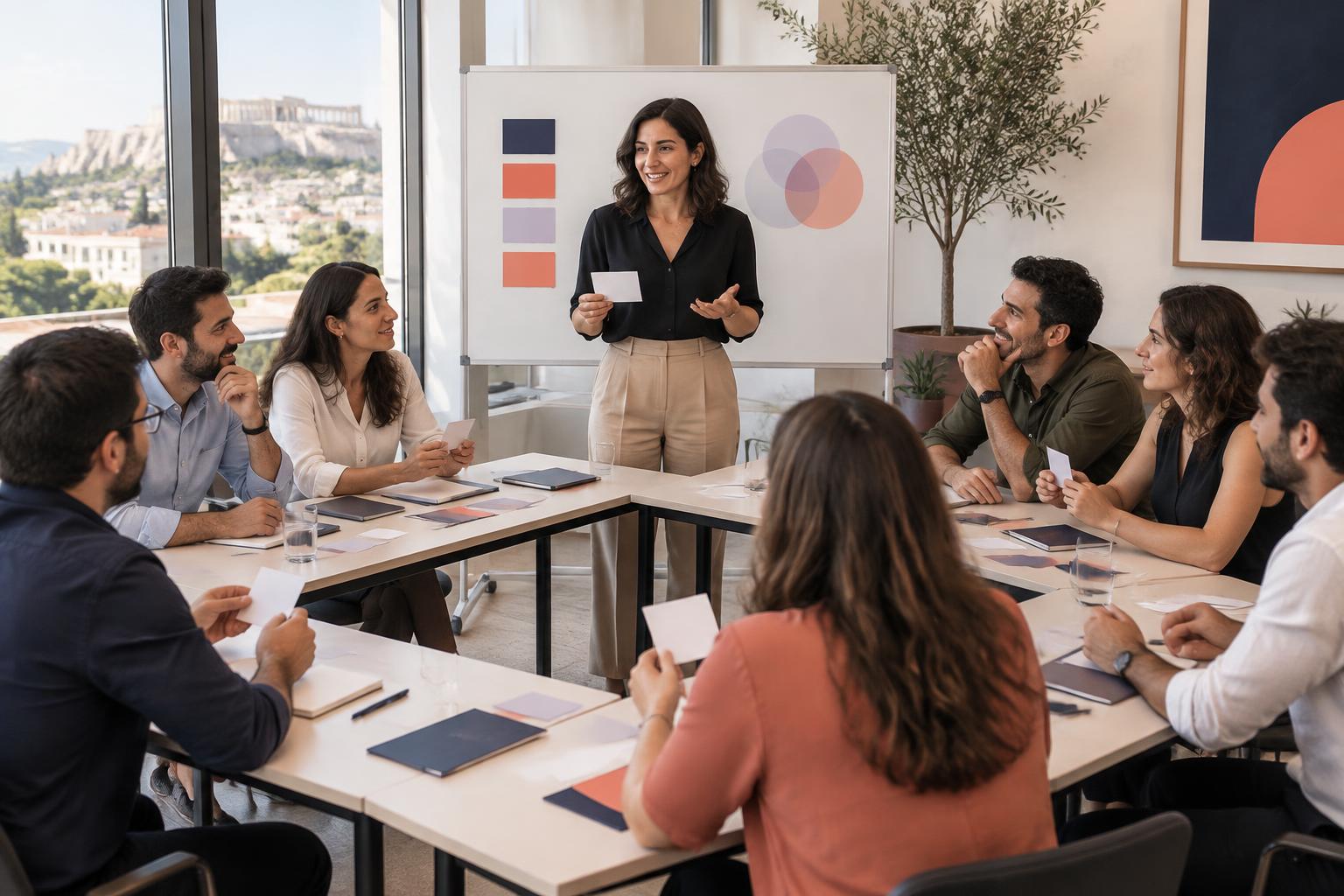 Eight Greek professionals taking part in an interactive classroom workshop