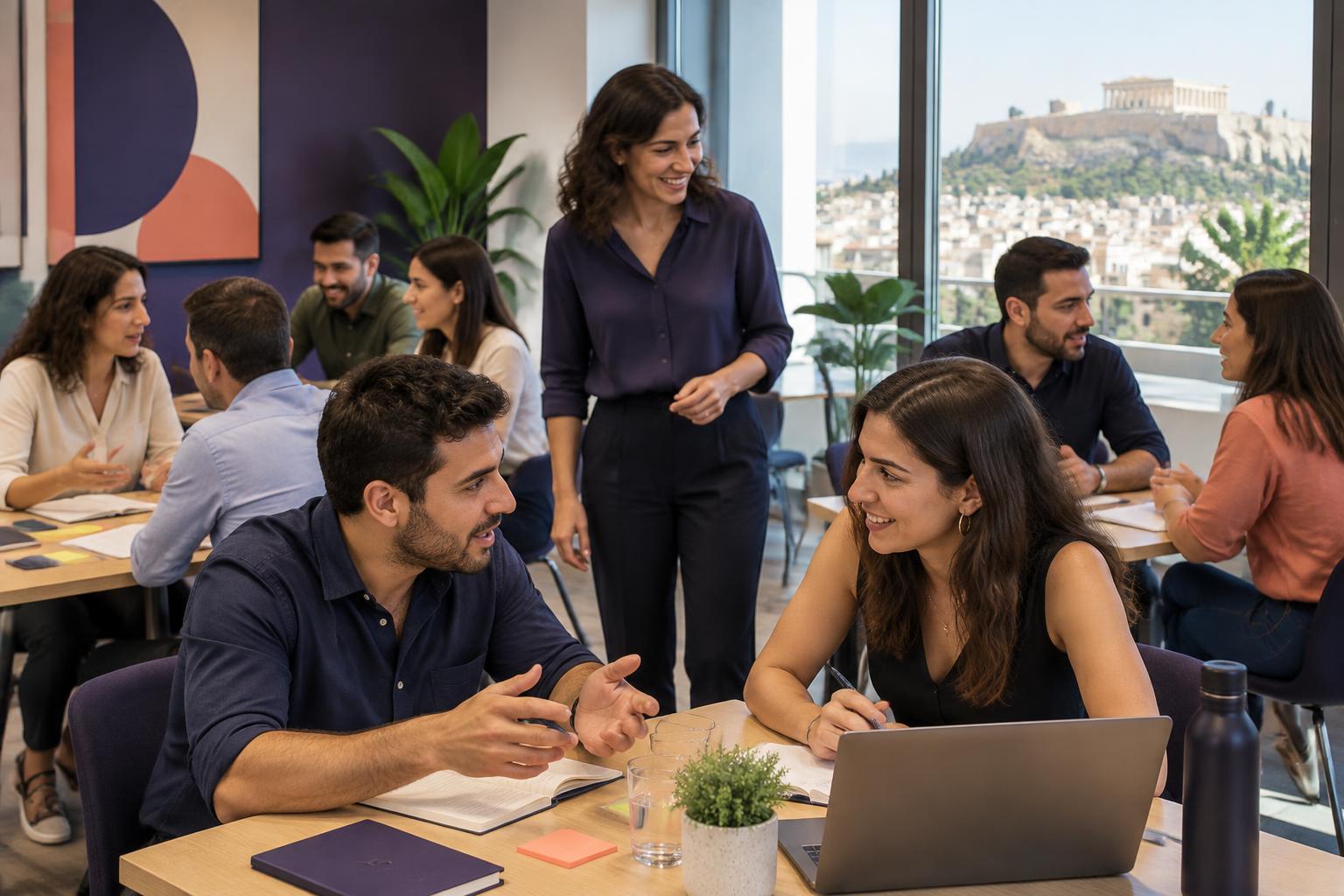 Nine Greek employees practising workplace skills in a small classroom session