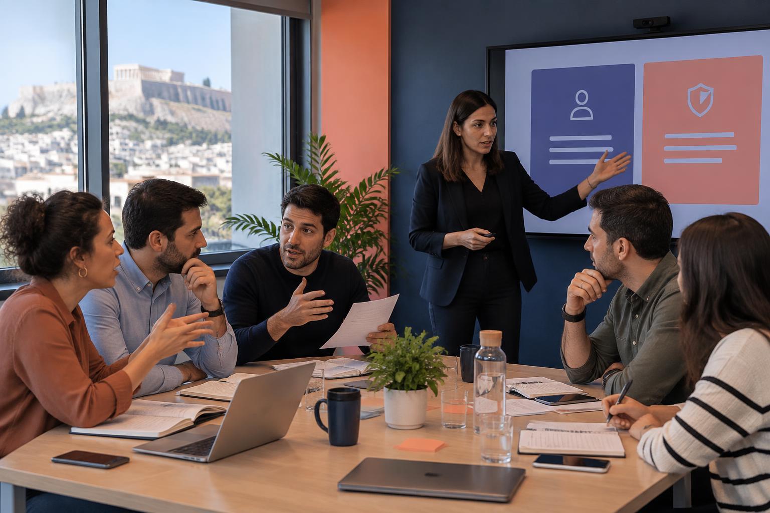 A Greek facilitator guiding six professionals through a realistic workplace case scenario