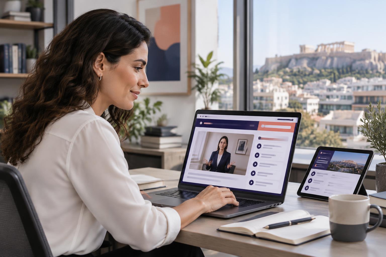 A Greek professional completing interactive eLearning on a laptop and tablet