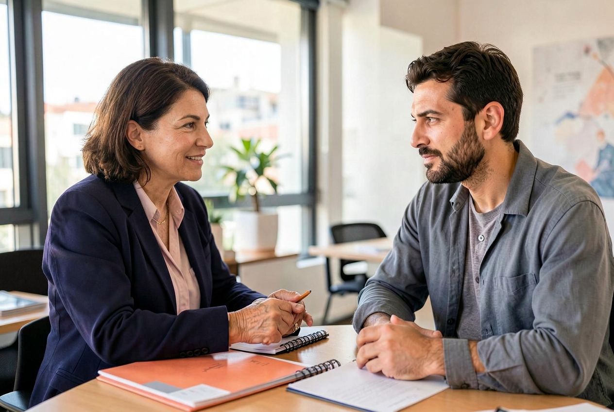 An experienced Greek woman mentoring a younger male colleague