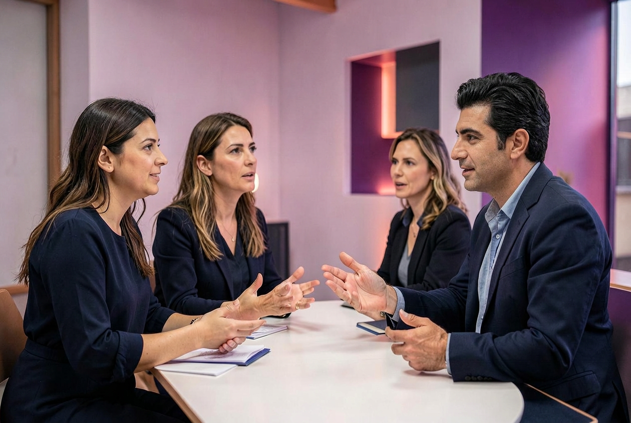 Greek leaders rehearsing a workplace conversation