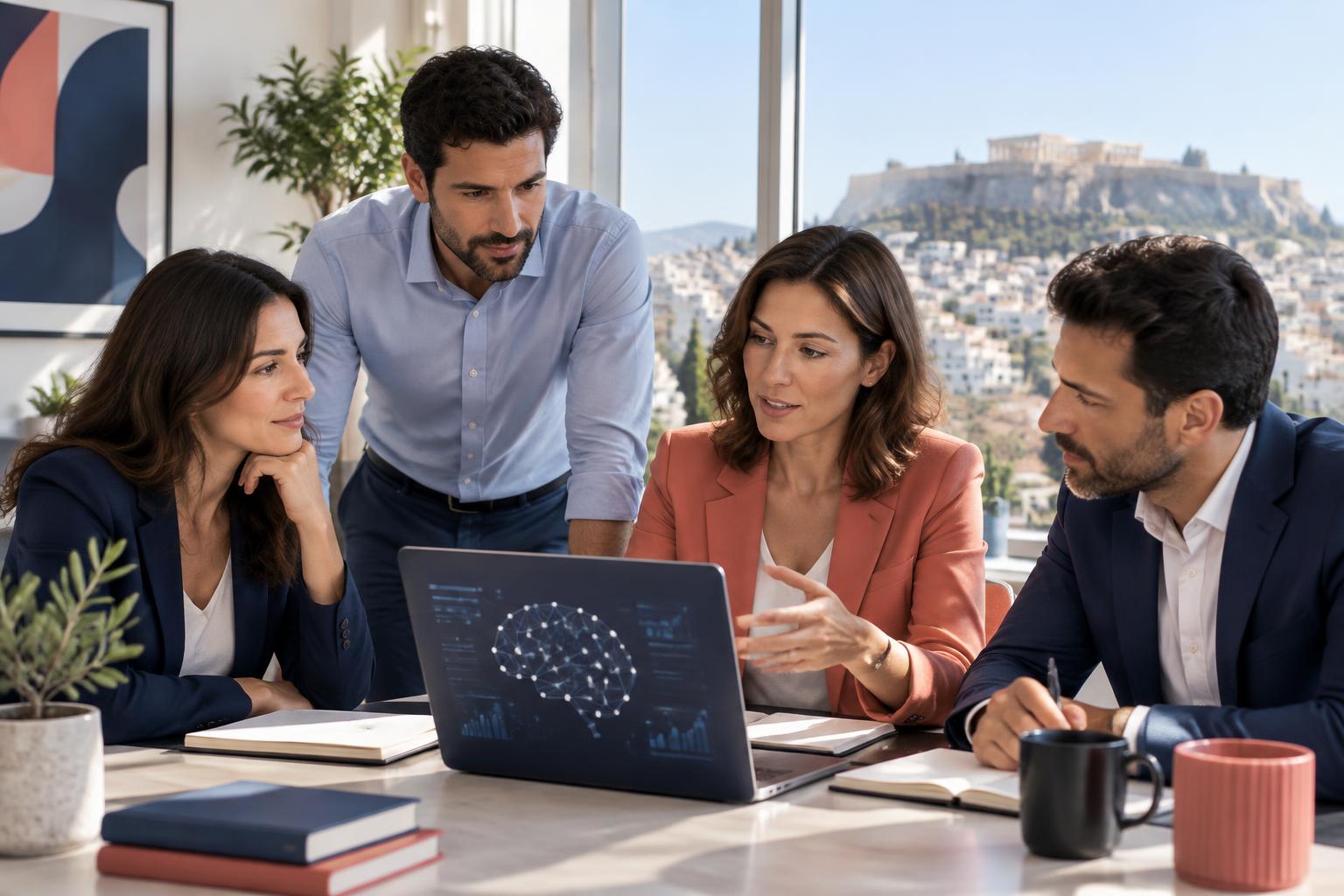 Colleagues reviewing learning information on a digital screen