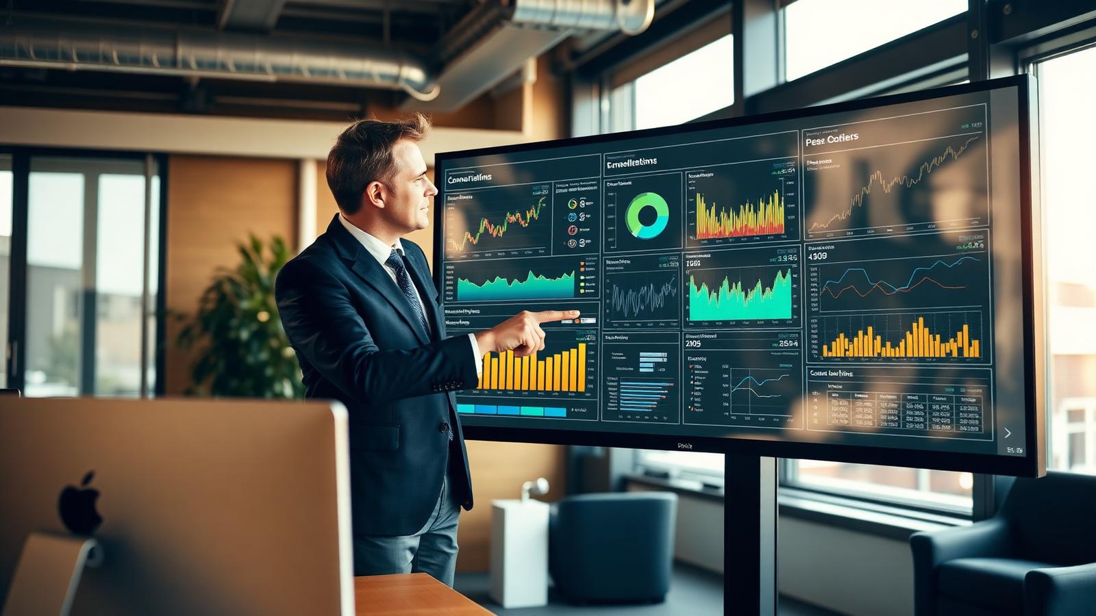Two business colleagues reviewing learning analytics dashboards on a large office screen