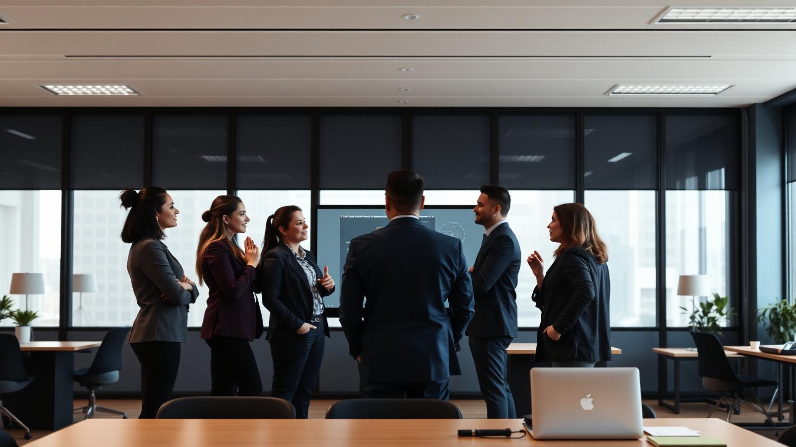 A diverse team in a short training session around a screen in a modern office