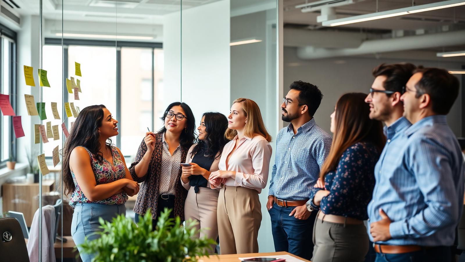 A diverse team of employees comparing options on a glass wall covered in sticky notes
