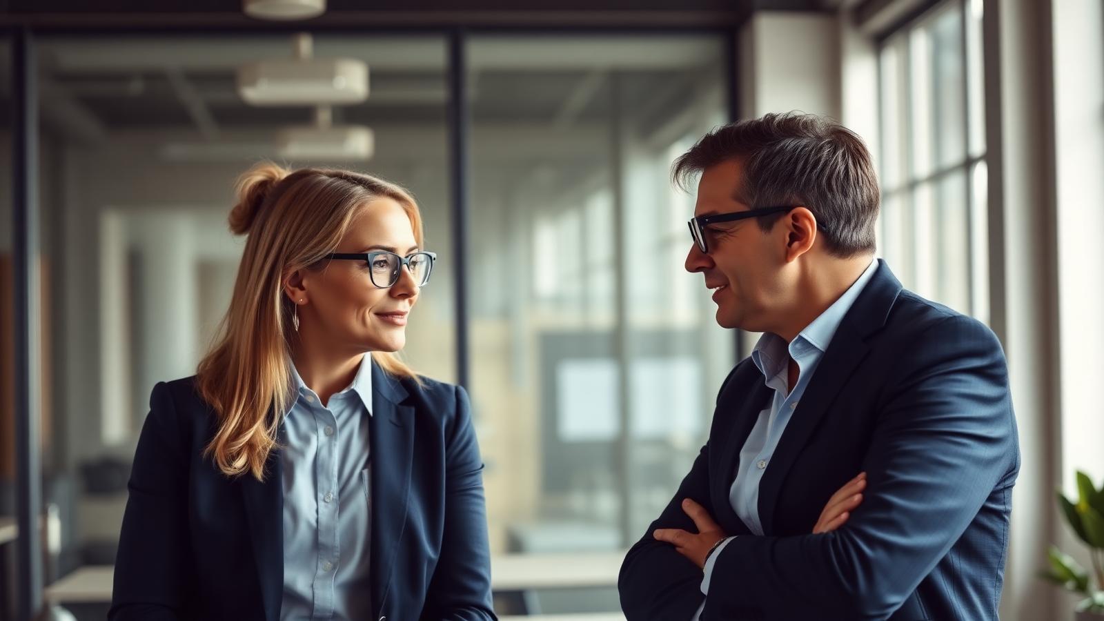Two colleagues in a focused one to one conversation in a bright office