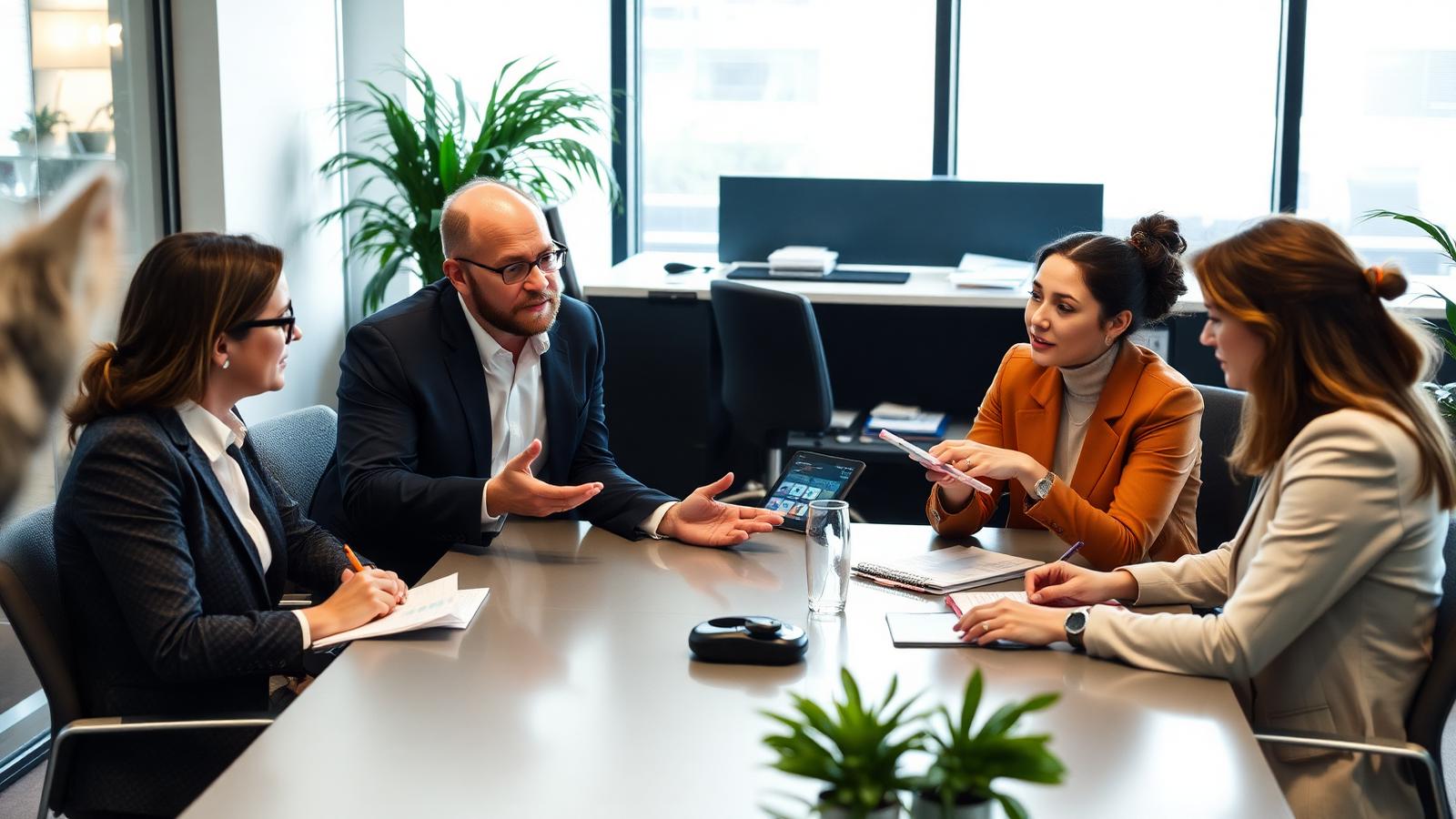 A small team around a meeting table, one person speaking while colleagues listen and take notes