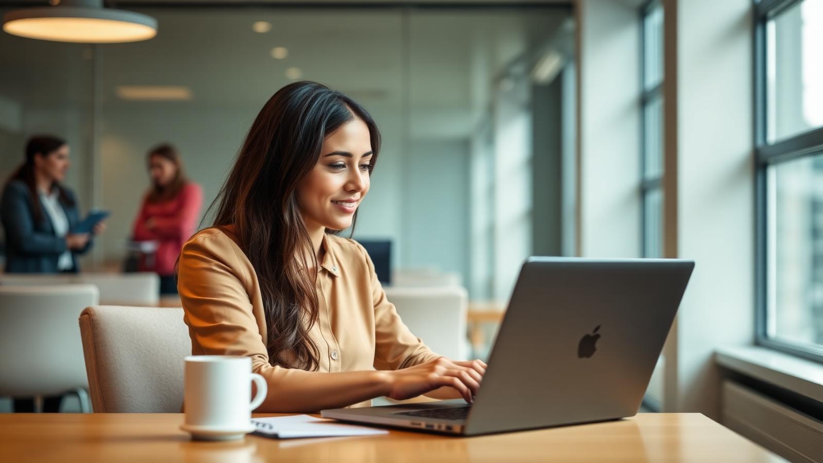 An employee completing a short training module on a laptop in a bright office