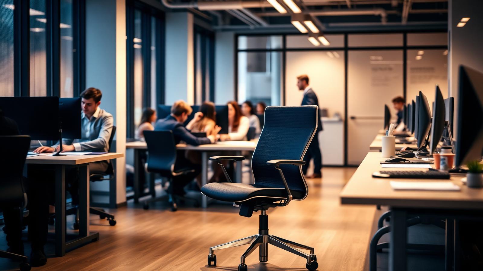 An empty desk chair beside a working team in a modern office