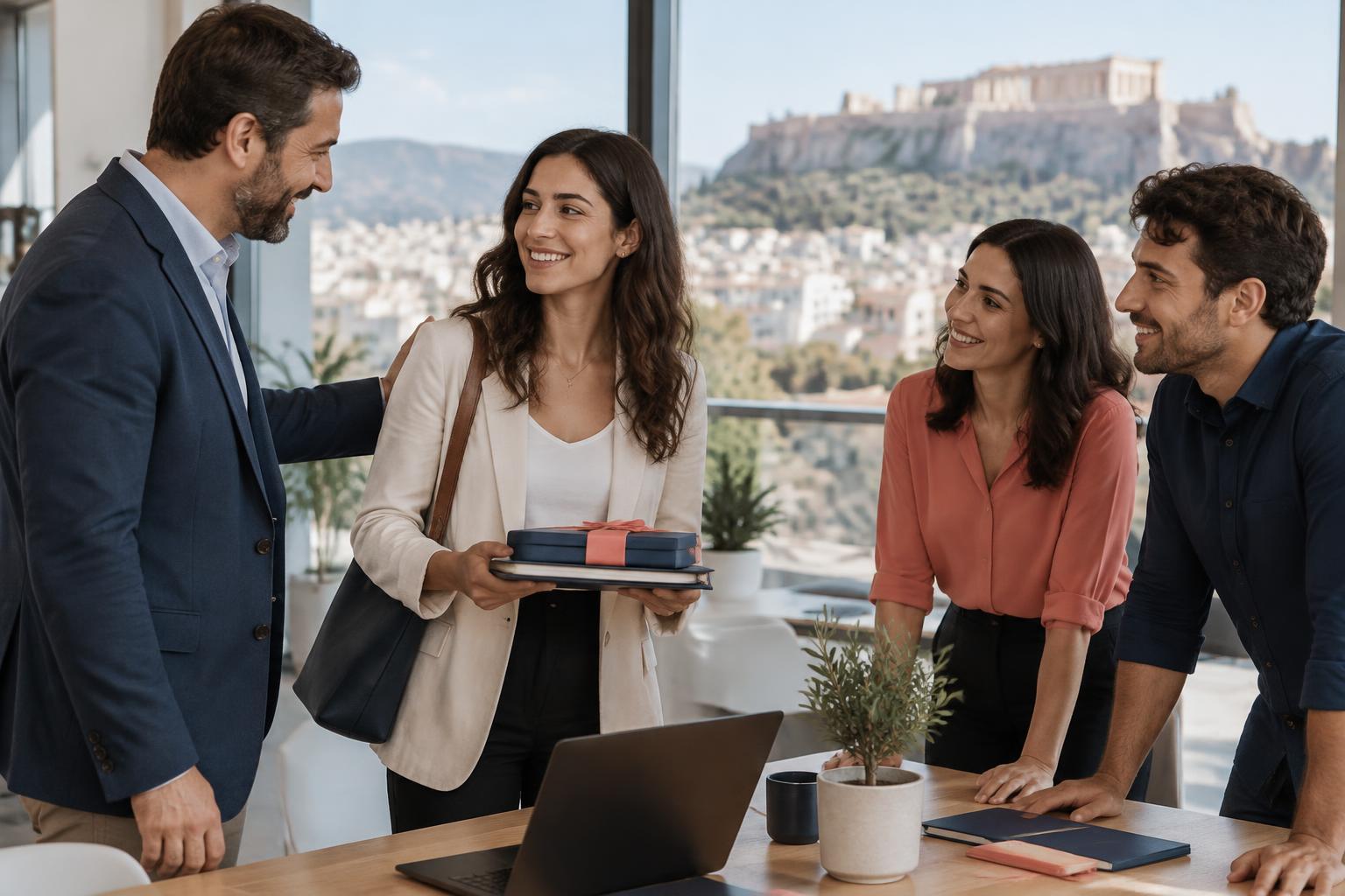 An empty desk beside a working business team