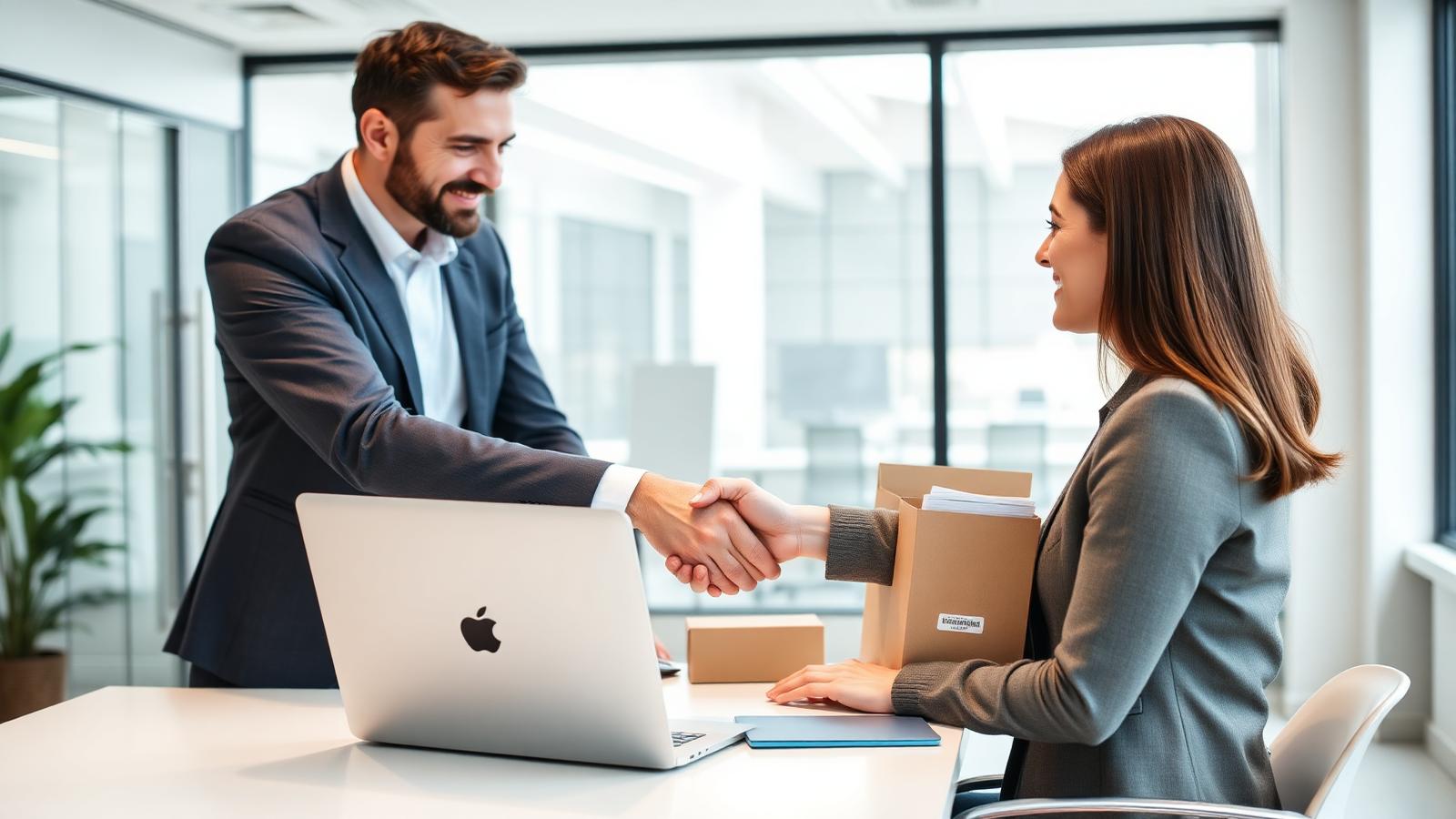 A manager welcoming a new employee at a desk with a laptop and a welcome pack