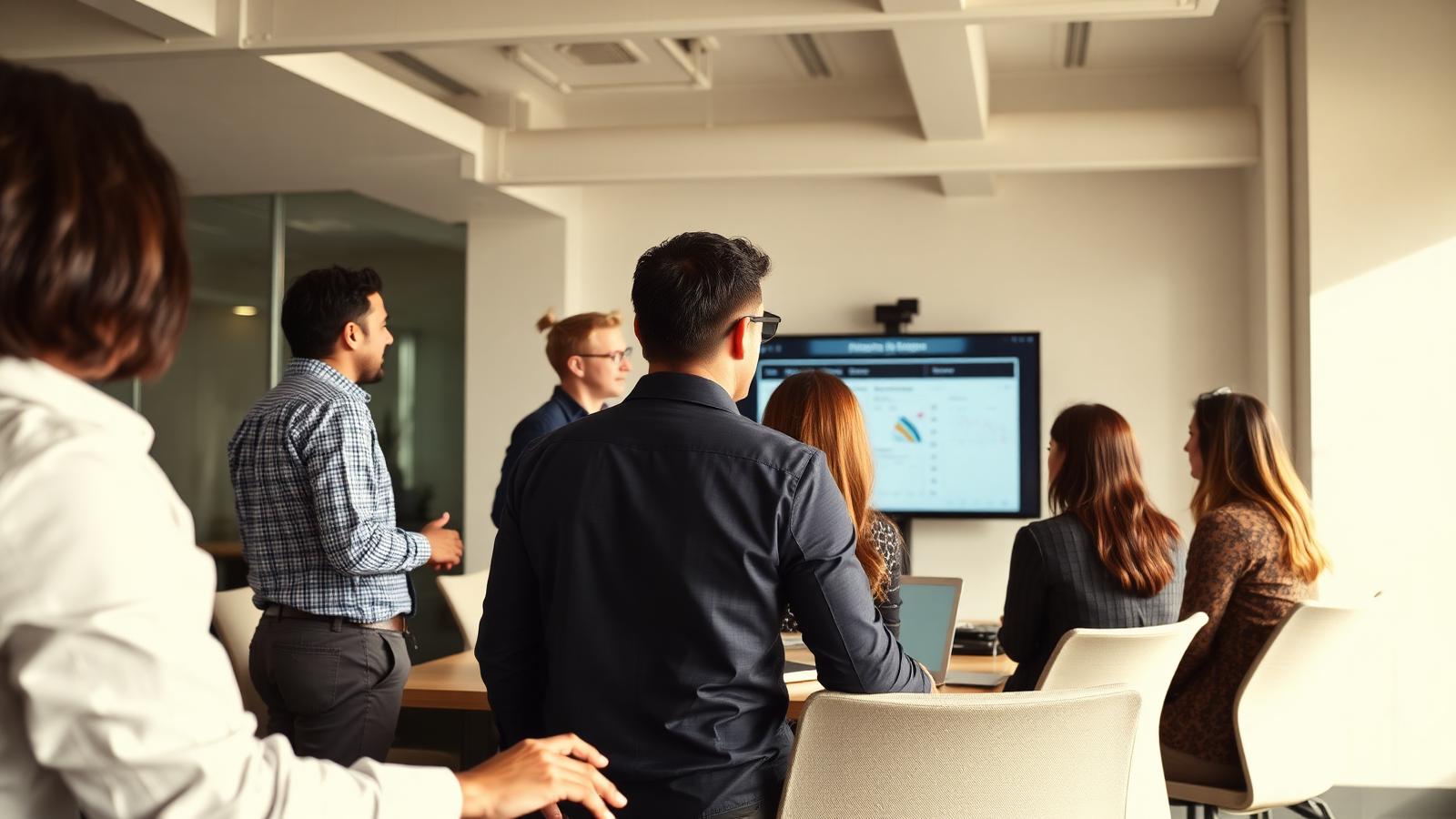 Employees collaborating in a modern training room while a facilitator presents results on screen