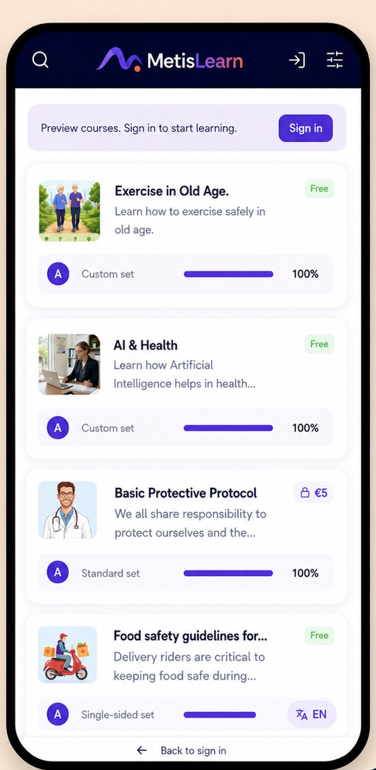 A course catalogue in the MetisLearn app showing free and premium courses with completion progress