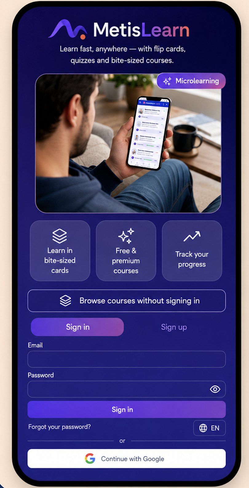 The MetisLearn mobile app home screen with flip cards, quizzes and bite-sized courses