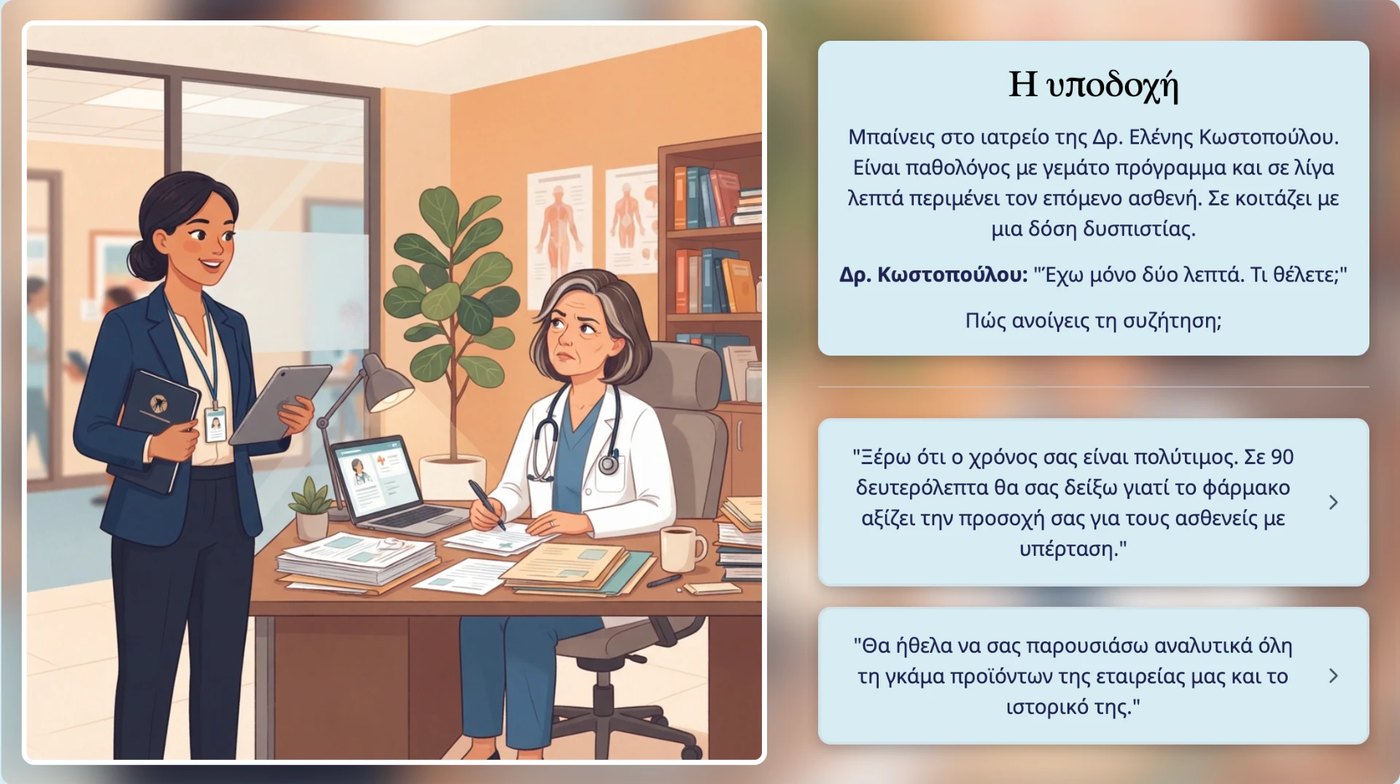 A real workplace case scenario in the MetisLearn platform with a decision point and answer options