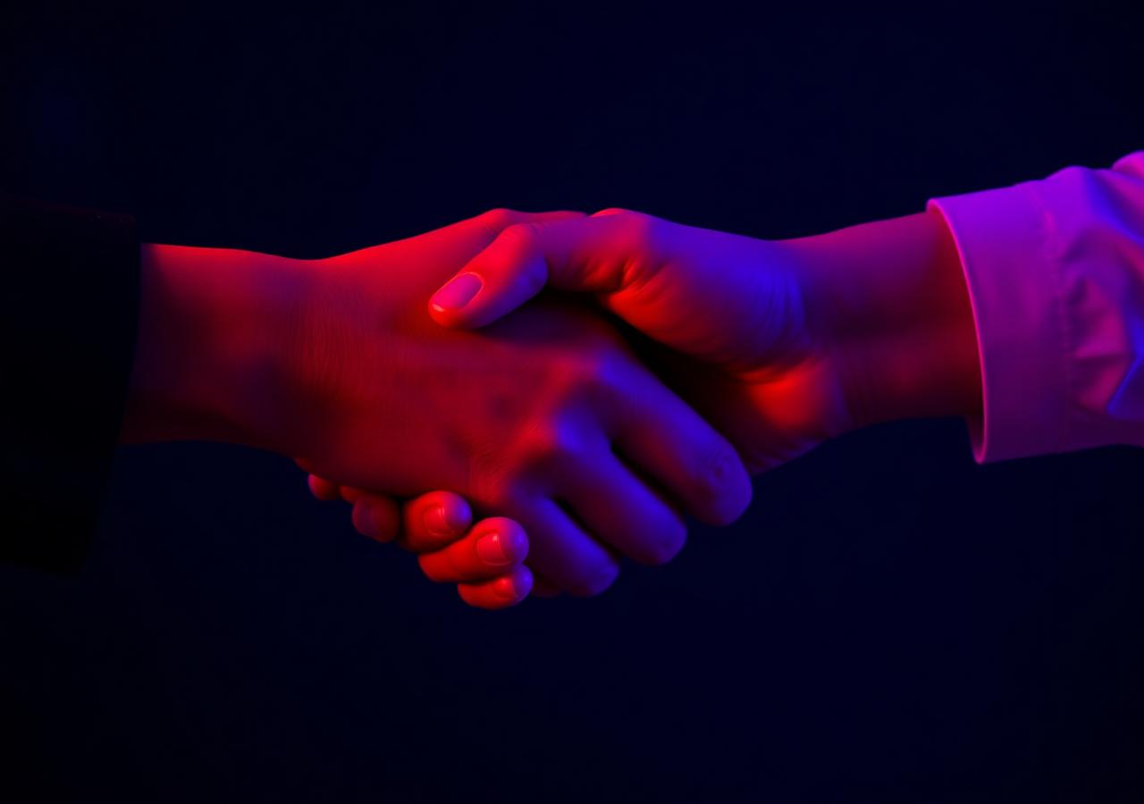 Two hands meeting in a handshake under violet and coral light